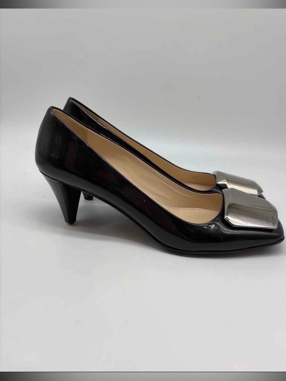Prada Black Patent Kitten Heel Pumps with Silver Hardware